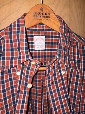 Brooks Brothers Orange & Navy Plaid Button-Down Shirt